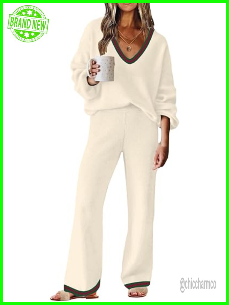 Women's Knit Sweater Lounge Pajama Set V Neck Long Sleeve 2 Piece Loungewear